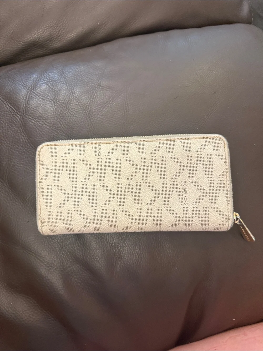 Michael Kors Taupe Logo Zip-Around Wallet with Gold Plate